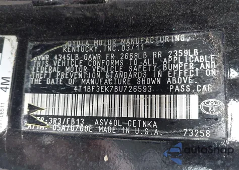 2011 Toyota Camry Le from USA, damaged, VIN 4T1BF3EK7BU726593